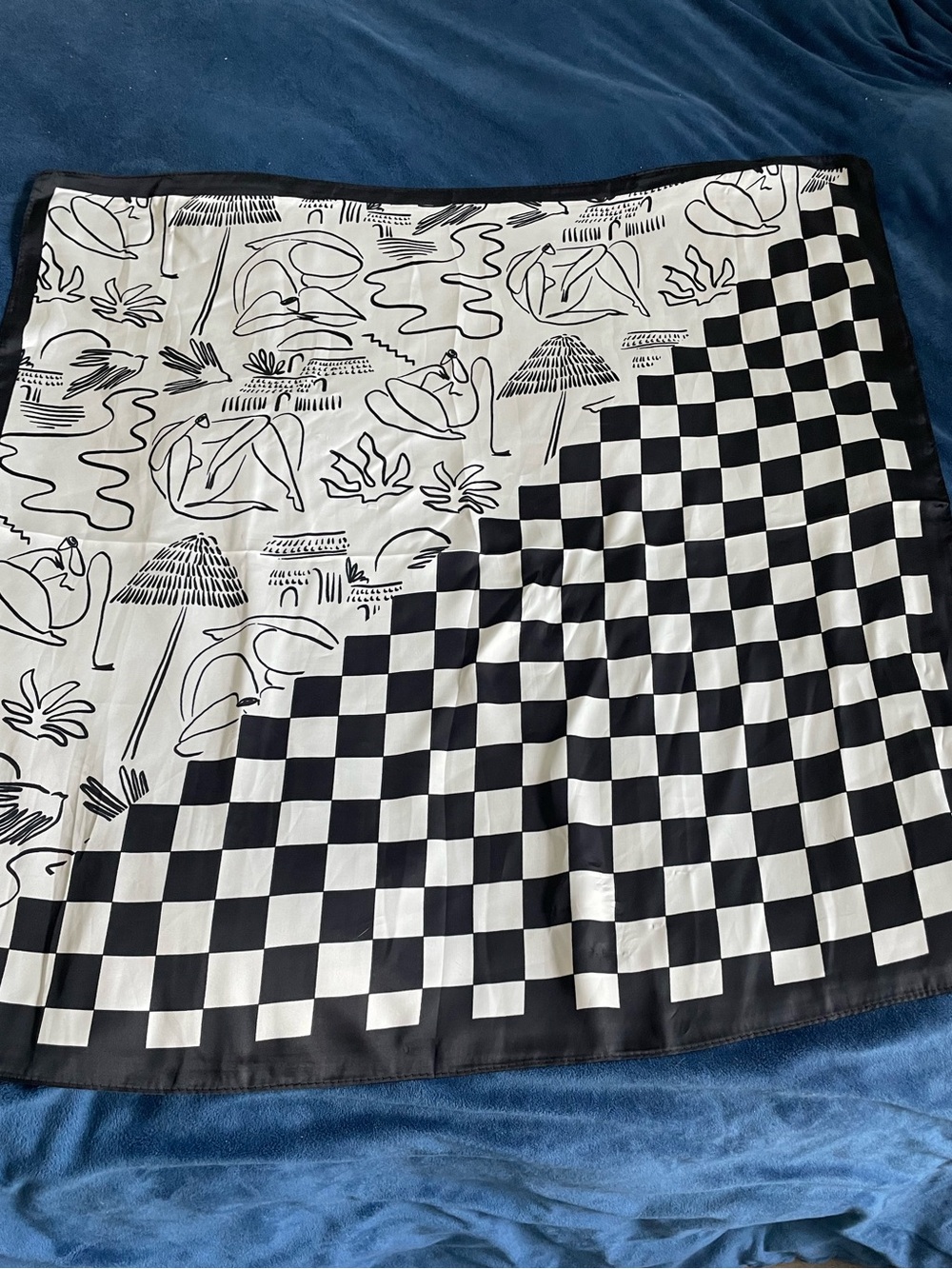 Black & White Checkered and Line-Art Women's Scarf